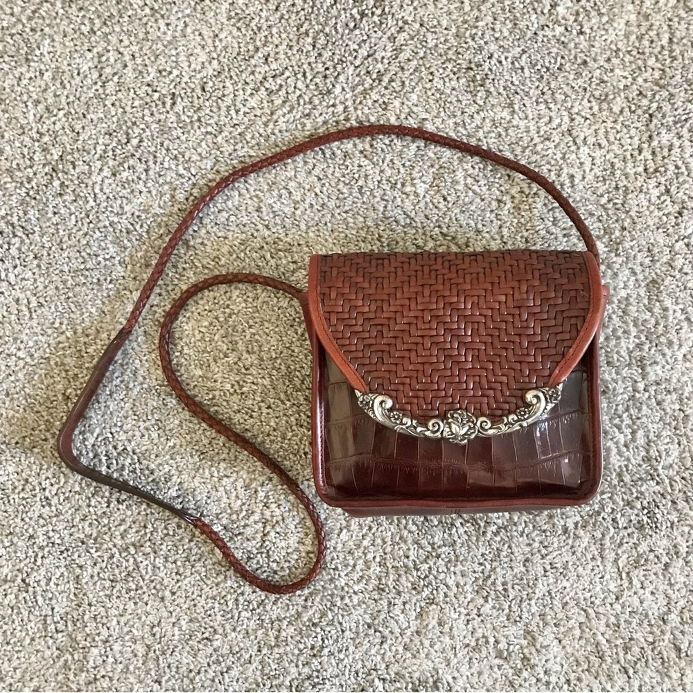 Brighton Vintage Vegan Leather Woven Croc Embossed Mini Crossbody Bag Silver